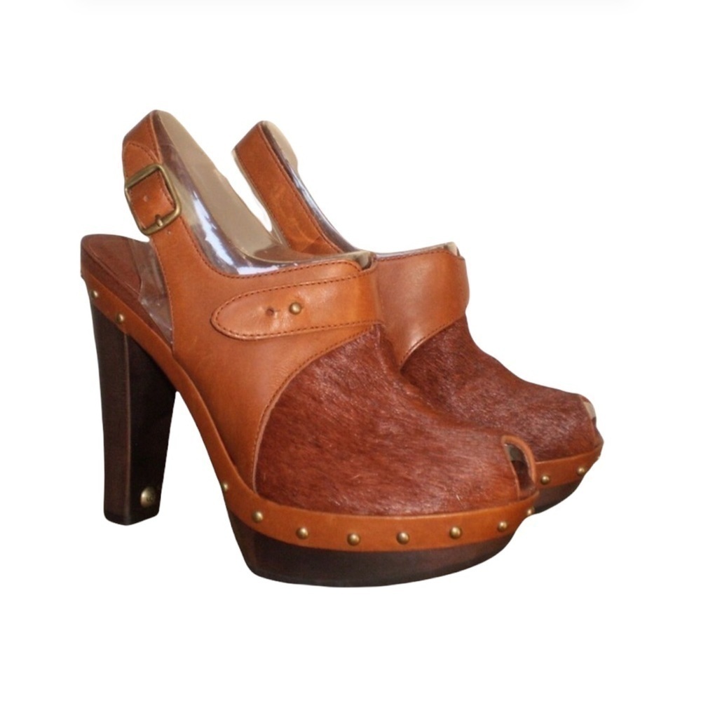 UGG Nicco Auburn Clog Calf Hair Platform Peep Toe Slingback Shoe Size 6.5.